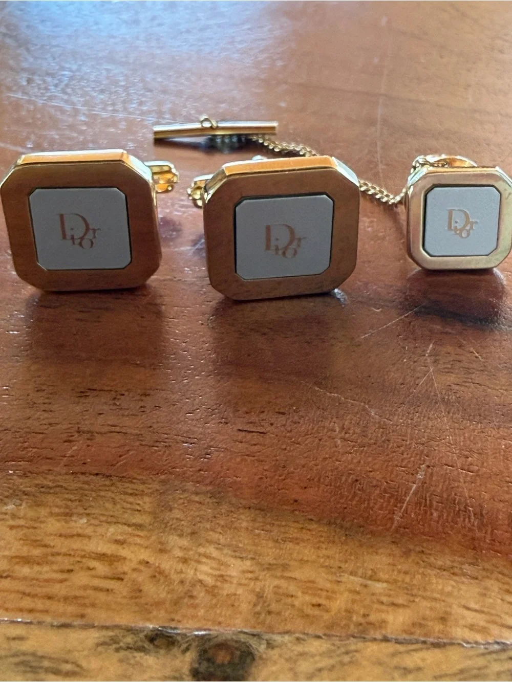 Rare Christian Dior Monsieur Gold and Cream Square Logo Cufflinks Set w tie pin
